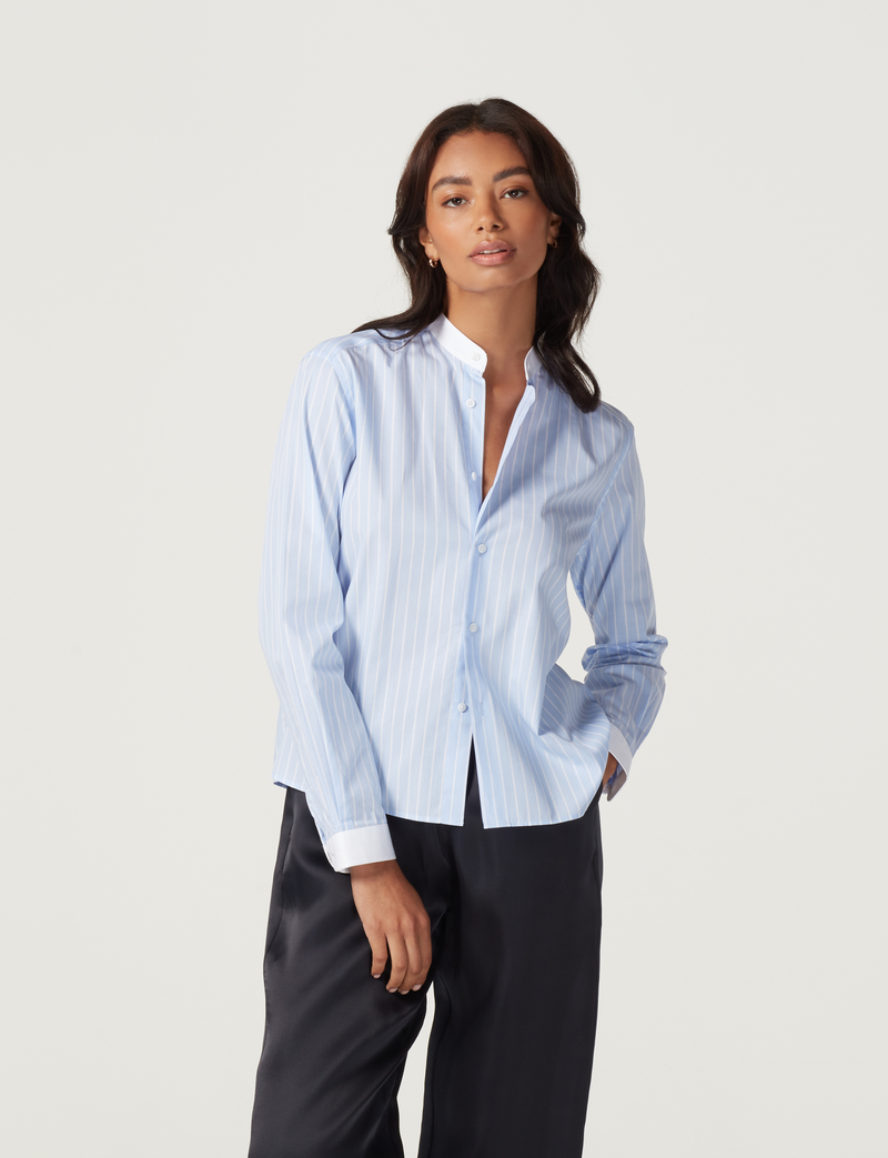 The Girlfriend Collarless Contrast: Poplin, Morning Blue Stripe – With ...
