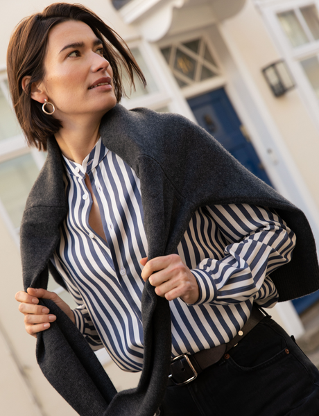 The Girlfriend Collarless: Tencel, Navy Blue Stripe – With Nothing ...