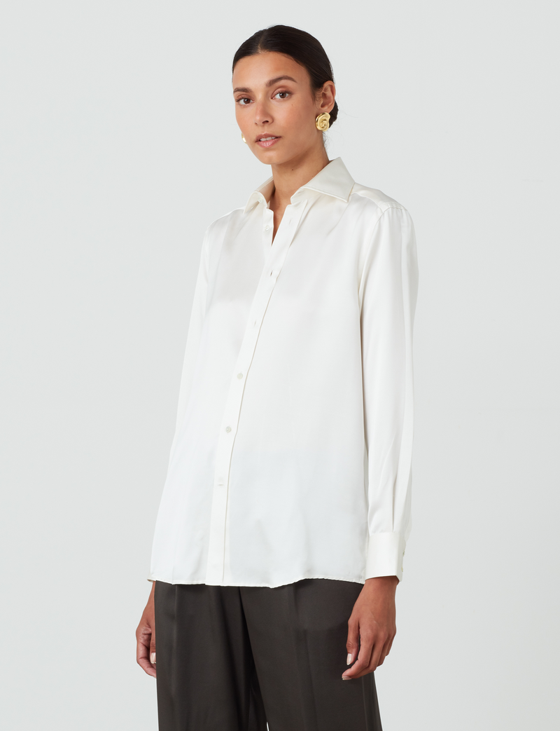 WNU Women's Silk Pearl Boyfriend Shirt | With Nothing Underneath