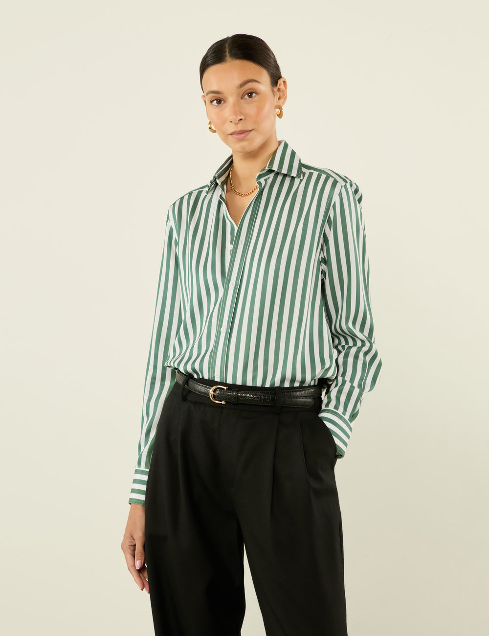 The Boyfriend: Tencel, Forest Green Stripe