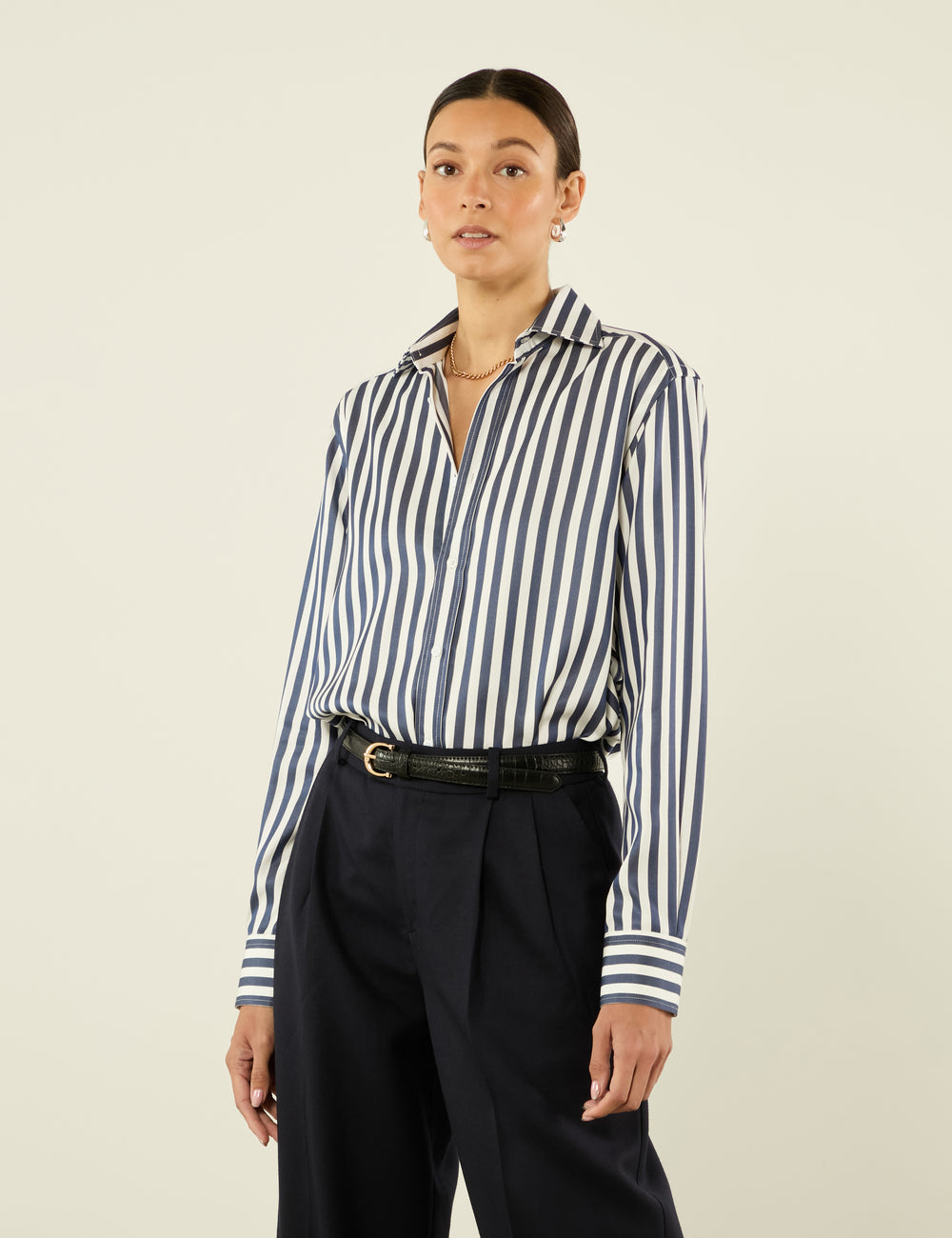 The Boyfriend: Tencel, Navy Blue Stripe