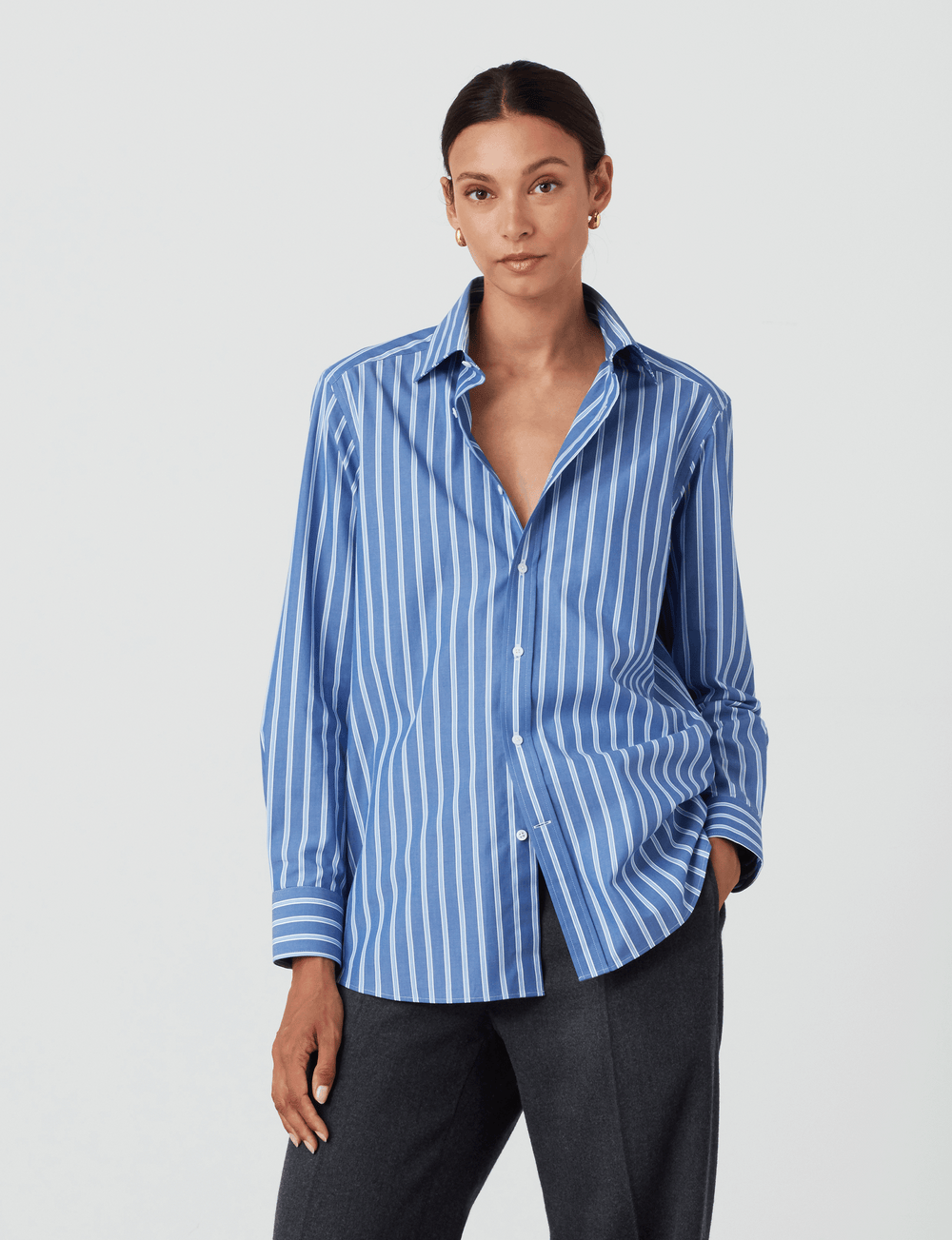 The Boyfriend: Fine Poplin, Blue Multi Stripe