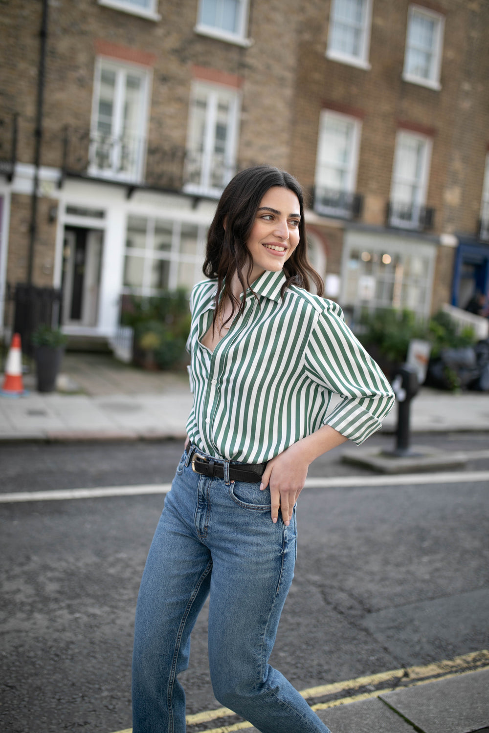 The Boyfriend: Tencel, Forest Green Stripe