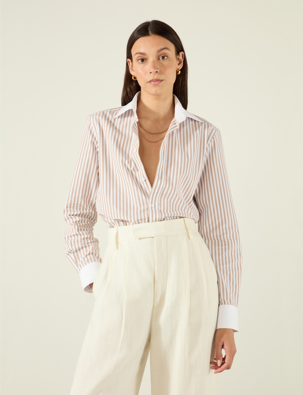 The Boyfriend Contrast: Fine Poplin, Latte Stripe