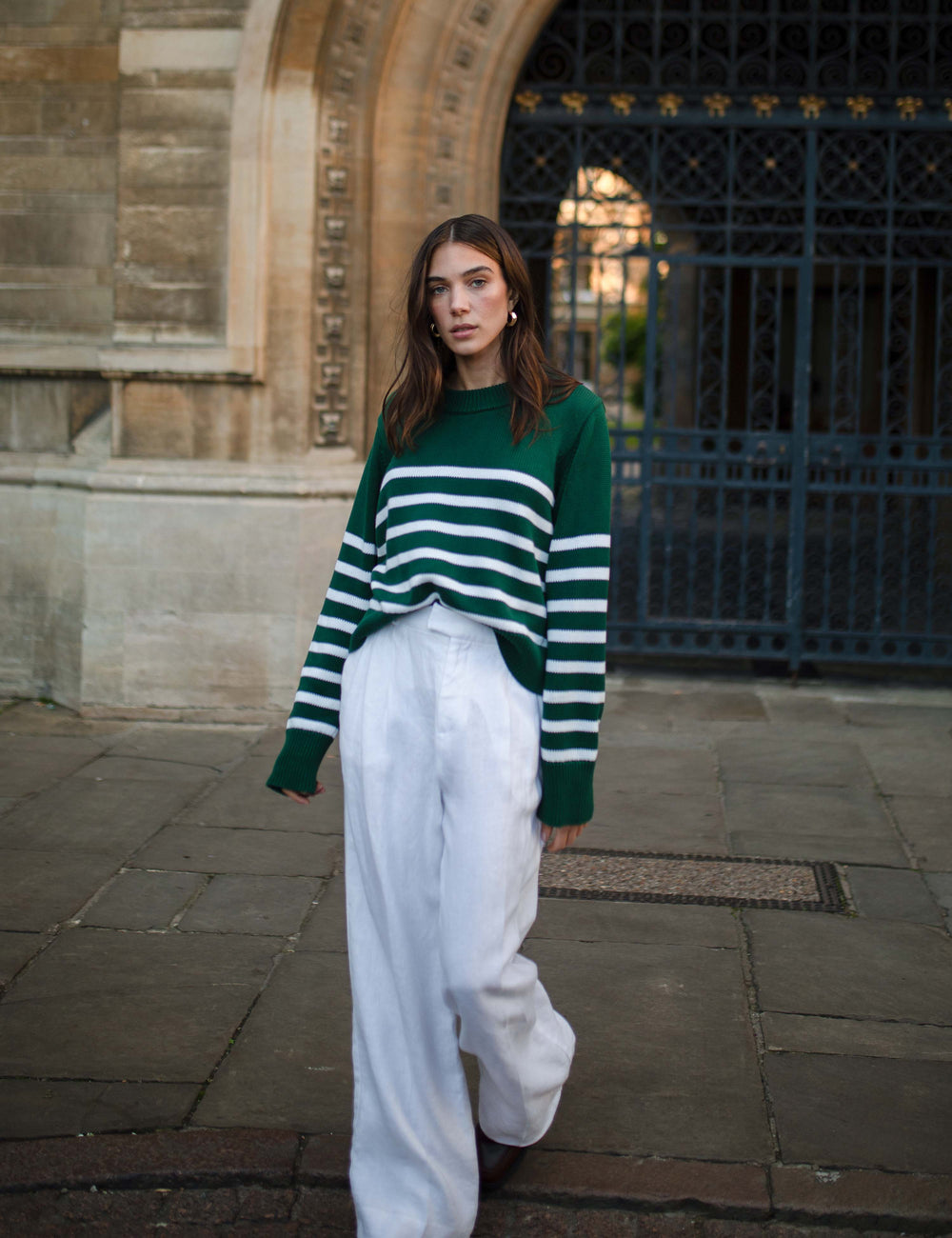 Devon Jumper: Cotton, Green and White Stripe