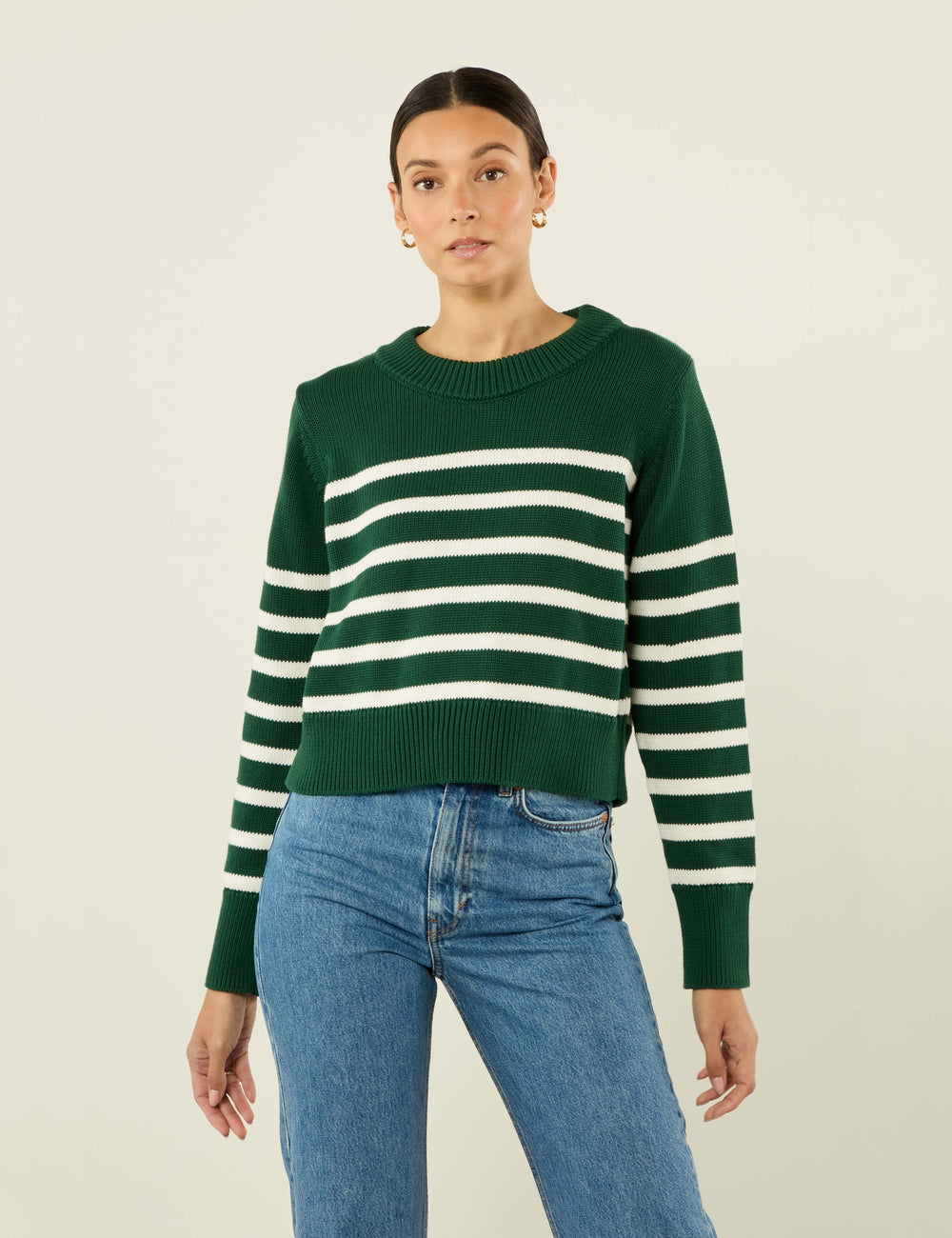 Devon Jumper: Cotton, Green and White Stripe