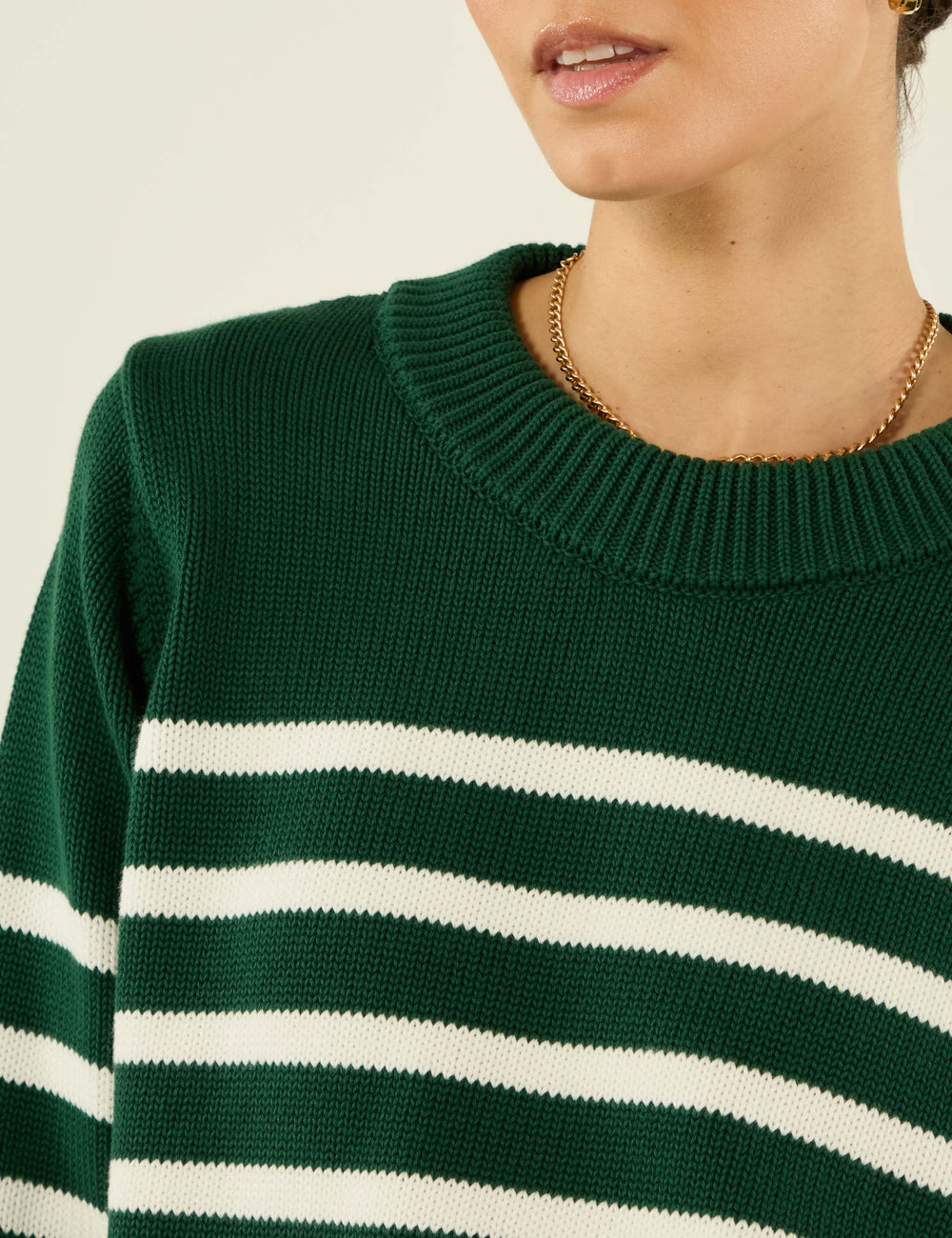 Devon Jumper: Cotton, Green and White Stripe