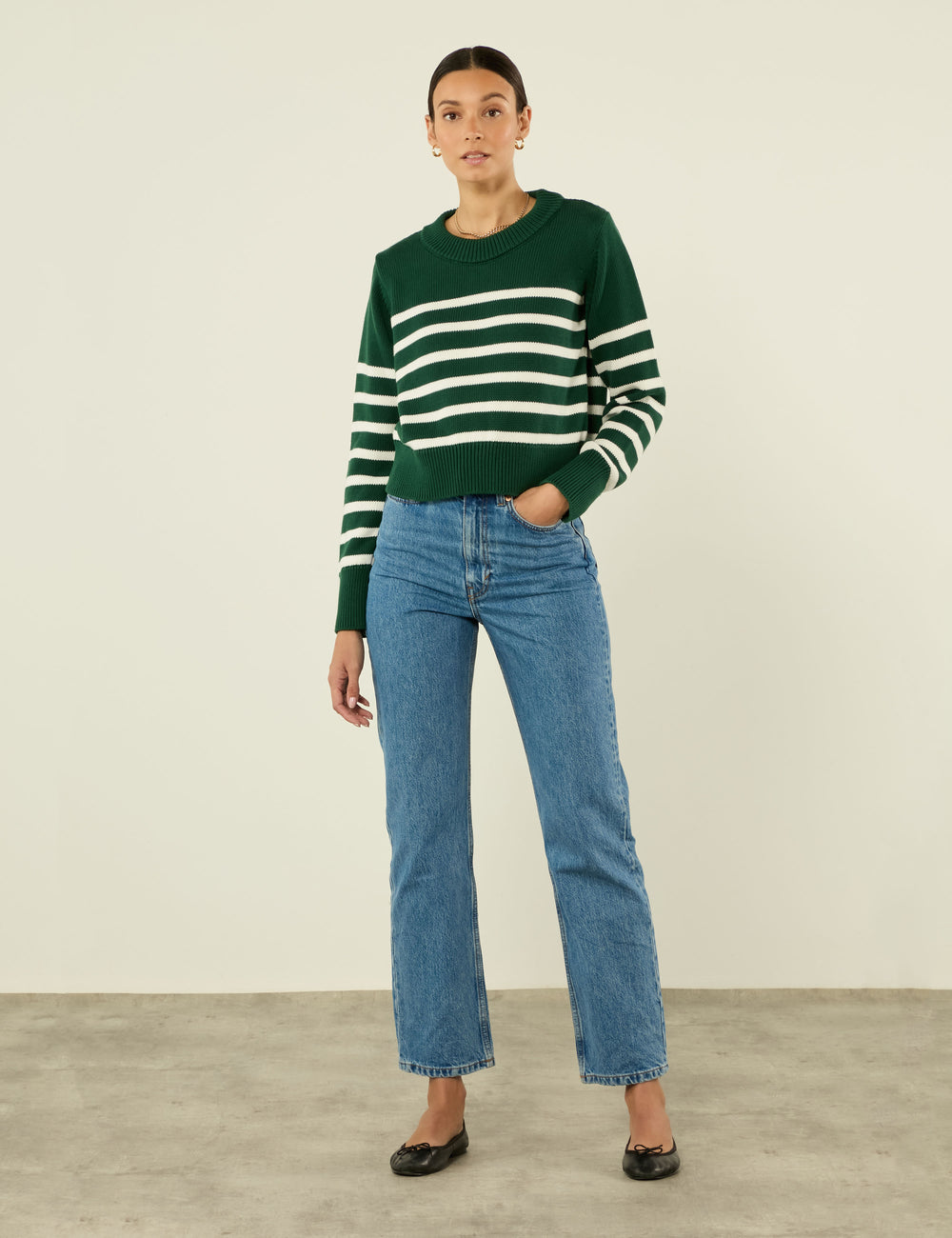 Devon Jumper: Cotton, Green and White Stripe