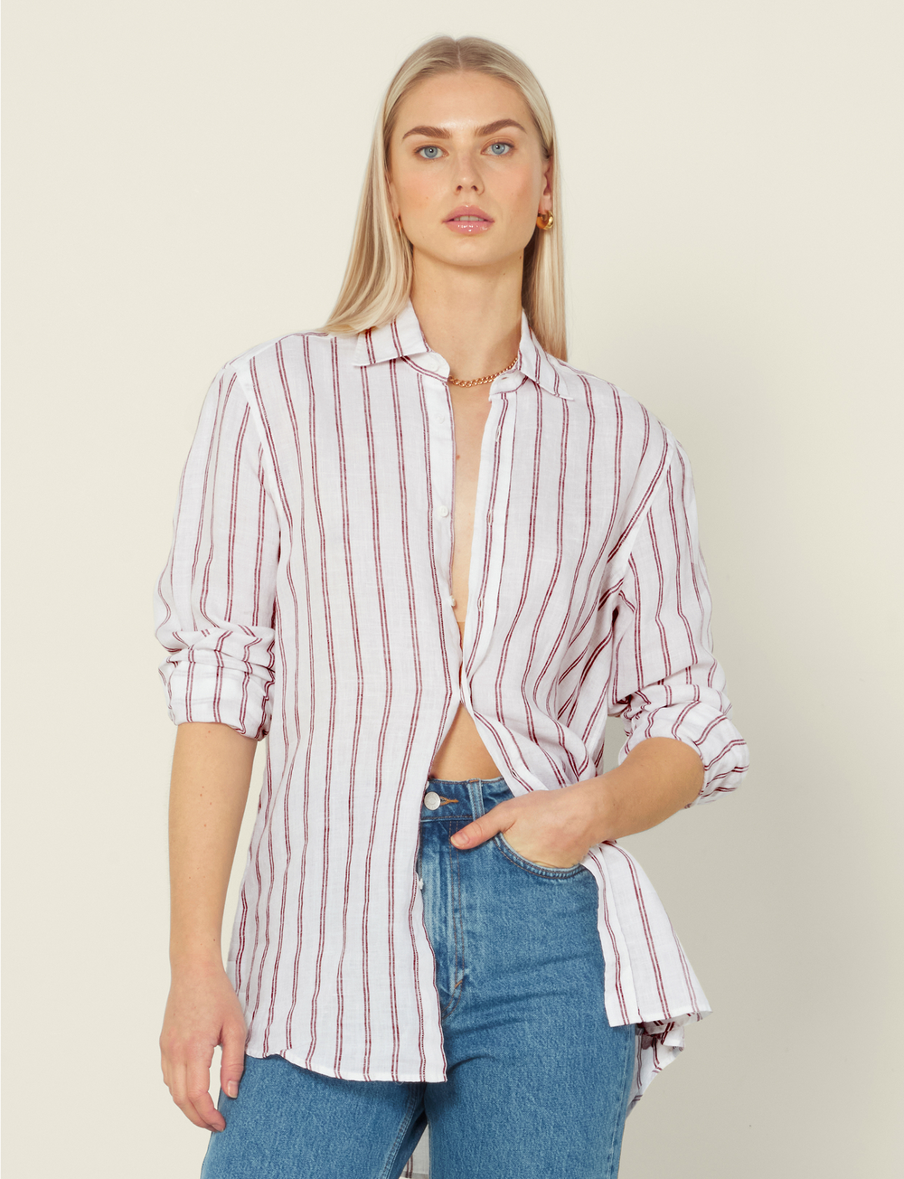 The Boyfriend: Linen, Burgundy Double Stripe