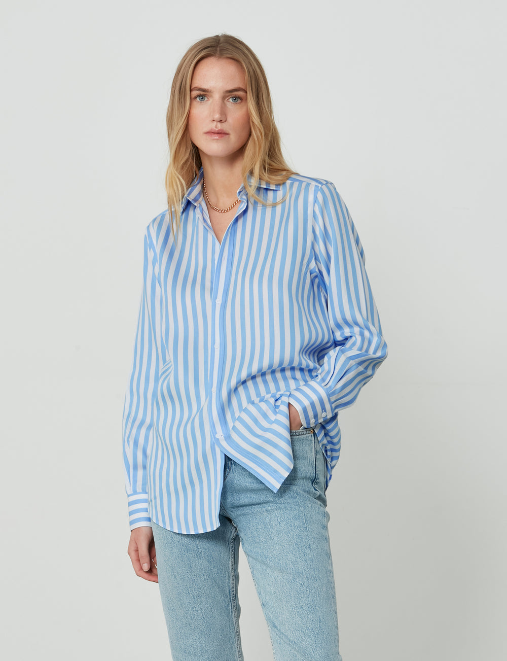 The Boyfriend: Tencel, Powder Blue Stripe