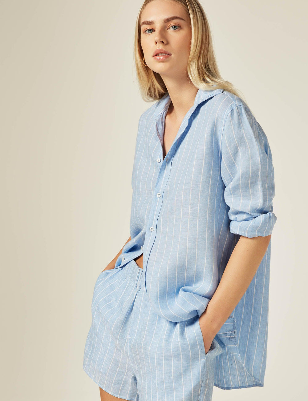 The Boyfriend: Linen, Sky Blue Stripe - With Nothing Underneath